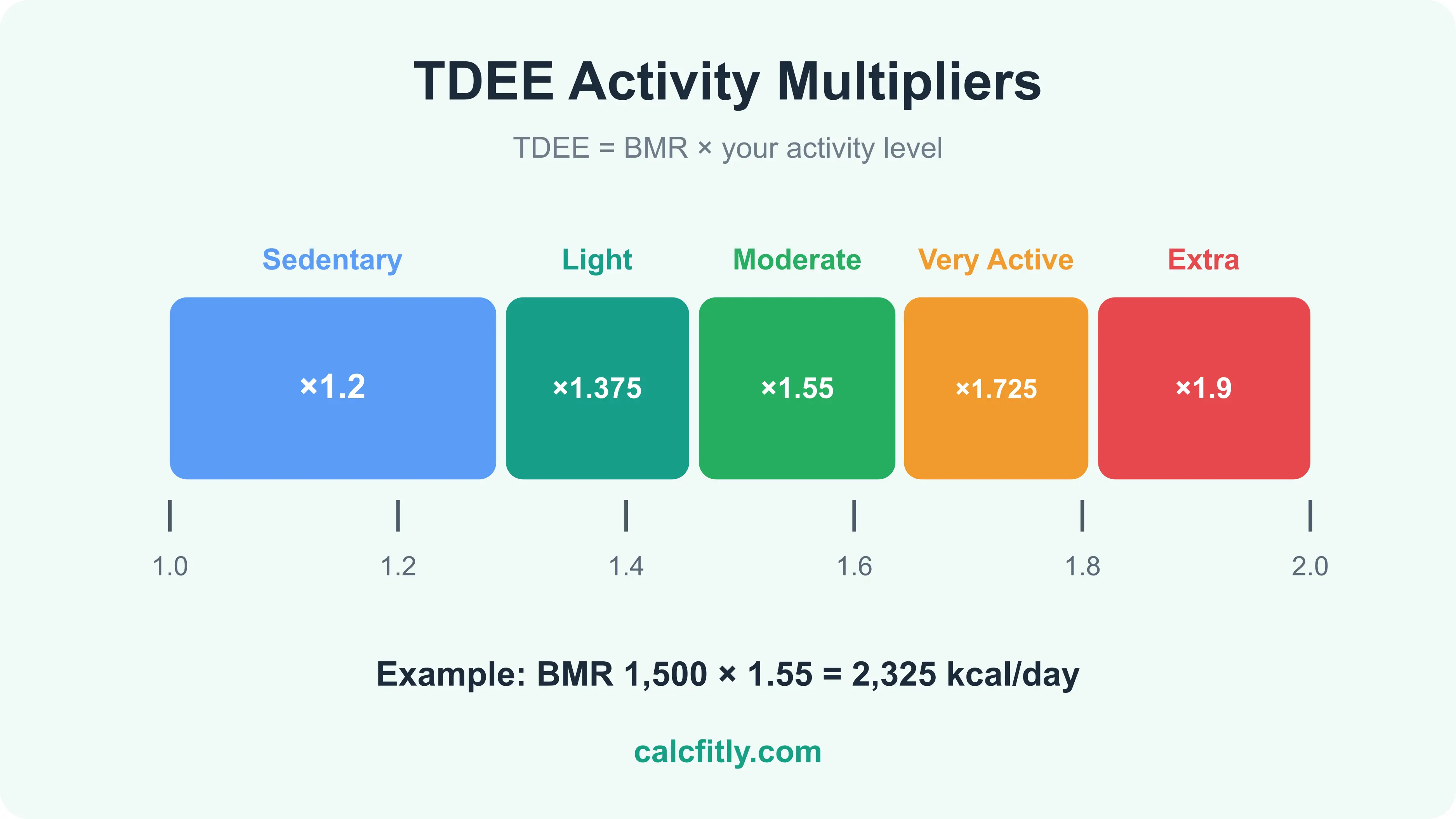 TDEE activity multipliers chart - sedentary BMR x 1.2 to extra active BMR x 1.9